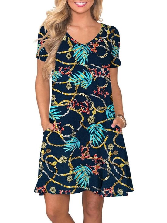 Dresses & Skirts - Women's Navy Blue Chain Casual V Neck Short Sleeve Pull On Pockets T Shirt